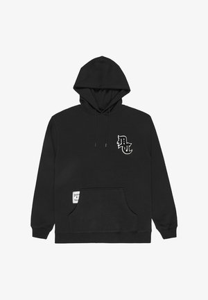 Felpa nera con maniche lunghe, cappuccio regolabile con coulisse, tasca a marsupio frontale e logo ricamato sul petto. Materiale in cotone.