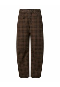 Pantalon droit à carreaux marron et noir avec poches avant et fermeture par bouton à la taille, présenté sur fond blanc.