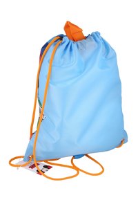 Plecak z troczkami w jasno-niebieskim nylonie z pomarańczowym sznurkiem i akcentami. Posiada kolorowy nadruk na przodzie.