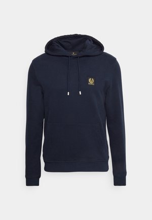 Navy blue hoodie with a front pocket, adjustable drawstring hood, and a gold emblem patch on the upper left chest. Soft, durable material.