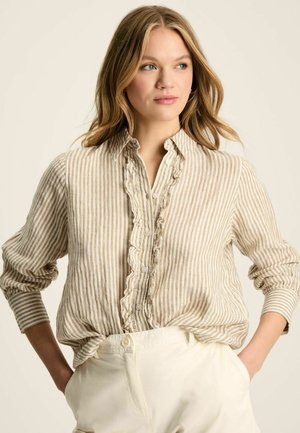 Gestreifte beige und cremefarbene Langarmbluse mit Rüschen an der Knopfleiste und dem Kragen. Hergestellt aus leichtem Stoff mit lässiger Passform.