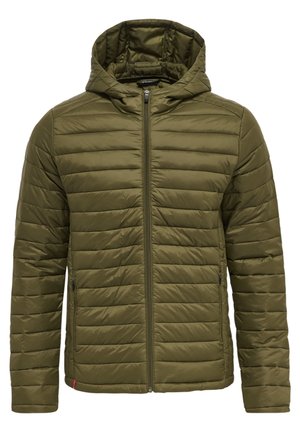 Olivgrüne Daunenjacke mit Kapuze, mit horizontalen Steppnähten, Frontreißverschluss und zwei Seitentaschen. Glatte, glänzende Textur.