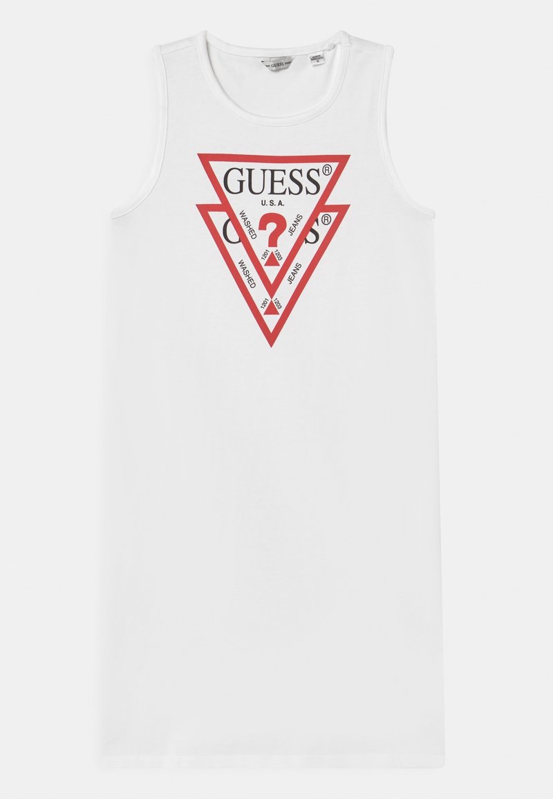 Débardeur blanc sans manches avec logo Guess bordé de rouge, présentant deux triangles superposés pointant vers le bas et un texte en noir et rouge.