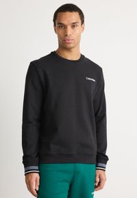 Felpa nera con maniche lunghe, colletto a girocollo a coste, logo bianco sul petto e dettagli a righe sui polsini. Materiale morbido, vestibilità casual.