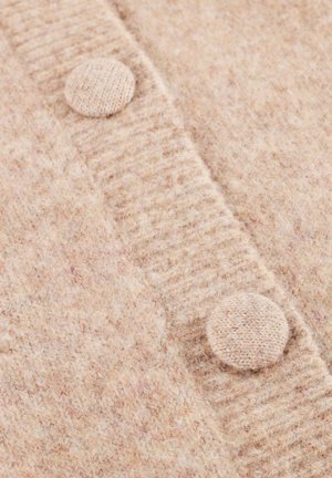 Beige wool cardigan featuring a textured knit pattern, two circular fabric-covered buttons, and a ribbed placket. Soft and cozy appearance.