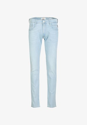 Hellblaue Denim-Jeans mit schmaler Passform, Fünf-Taschen-Design, leicht verwaschenem Textur und einem kleinen Markenetikett auf der Gesäßtasche.