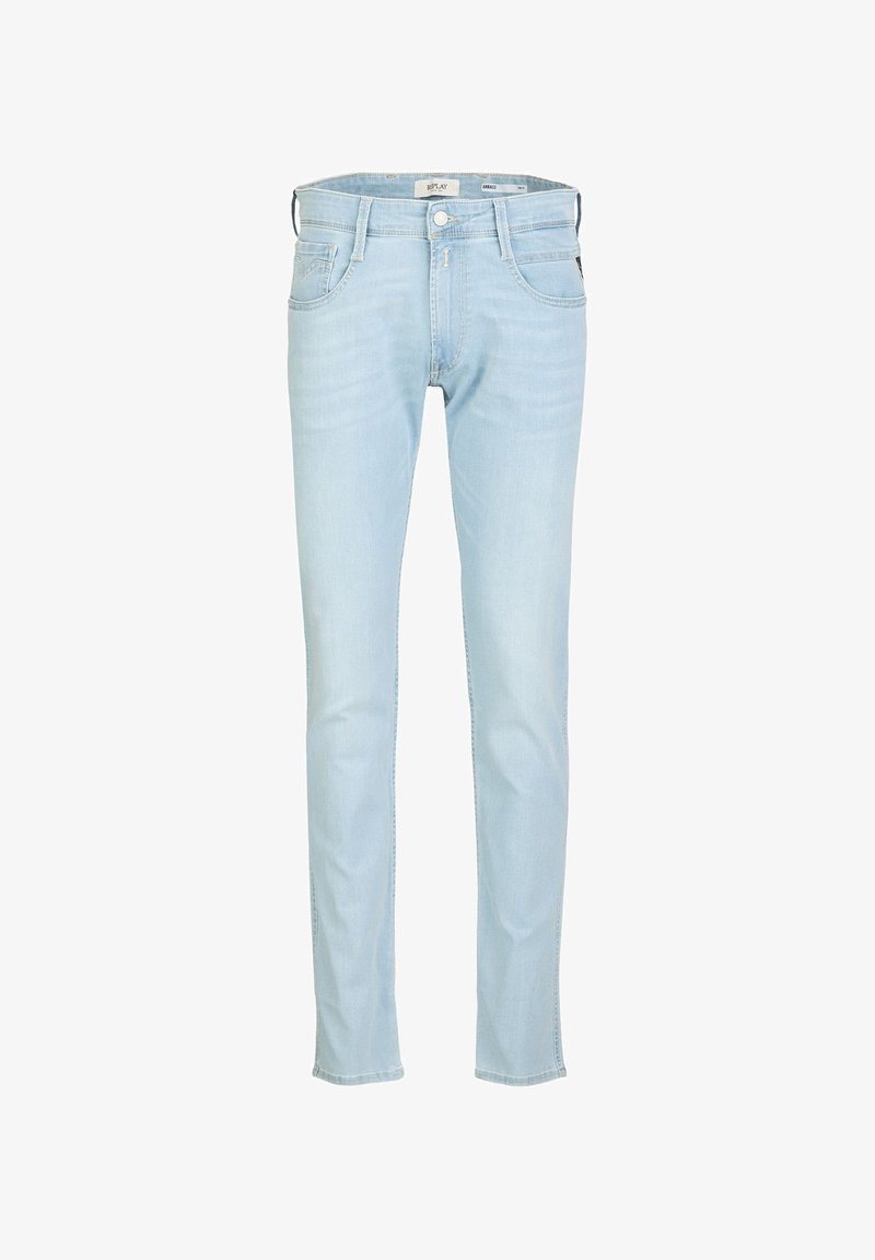 Lichtblauwe denim jeans met een slim fit, vijf-pocketdesign, een licht vervaagde structuur en een klein merkembleem op de achterzak.