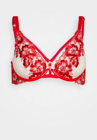 Sutiã de renda floral vermelha com forro creme. Apresenta alças ajustáveis, bordas onduladas e um pequeno detalhe decorativo central.