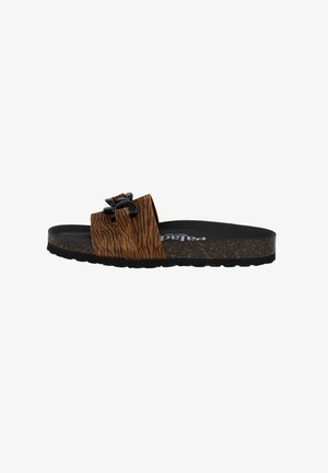 Brune slide sandal med et struktureret zebra-stribe mønster, prydet med en sort dekorativ sløjfe, og en kork-lignende fodseng med en sort sål.