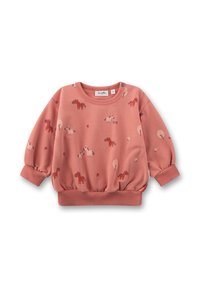 Rosa Sweatshirt für Kleinkinder mit roten und beigen Pferdemotiven, runder Ausschnitt, gerippte Bündchen und Druckknopf am Kragen.