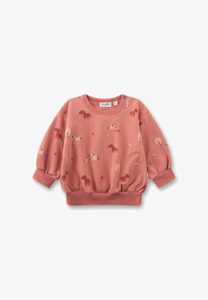 Rosa Sweatshirt für Kleinkinder mit roten und beigen Pferdemotiven, runder Ausschnitt, gerippte Bündchen und Druckknopf am Kragen.