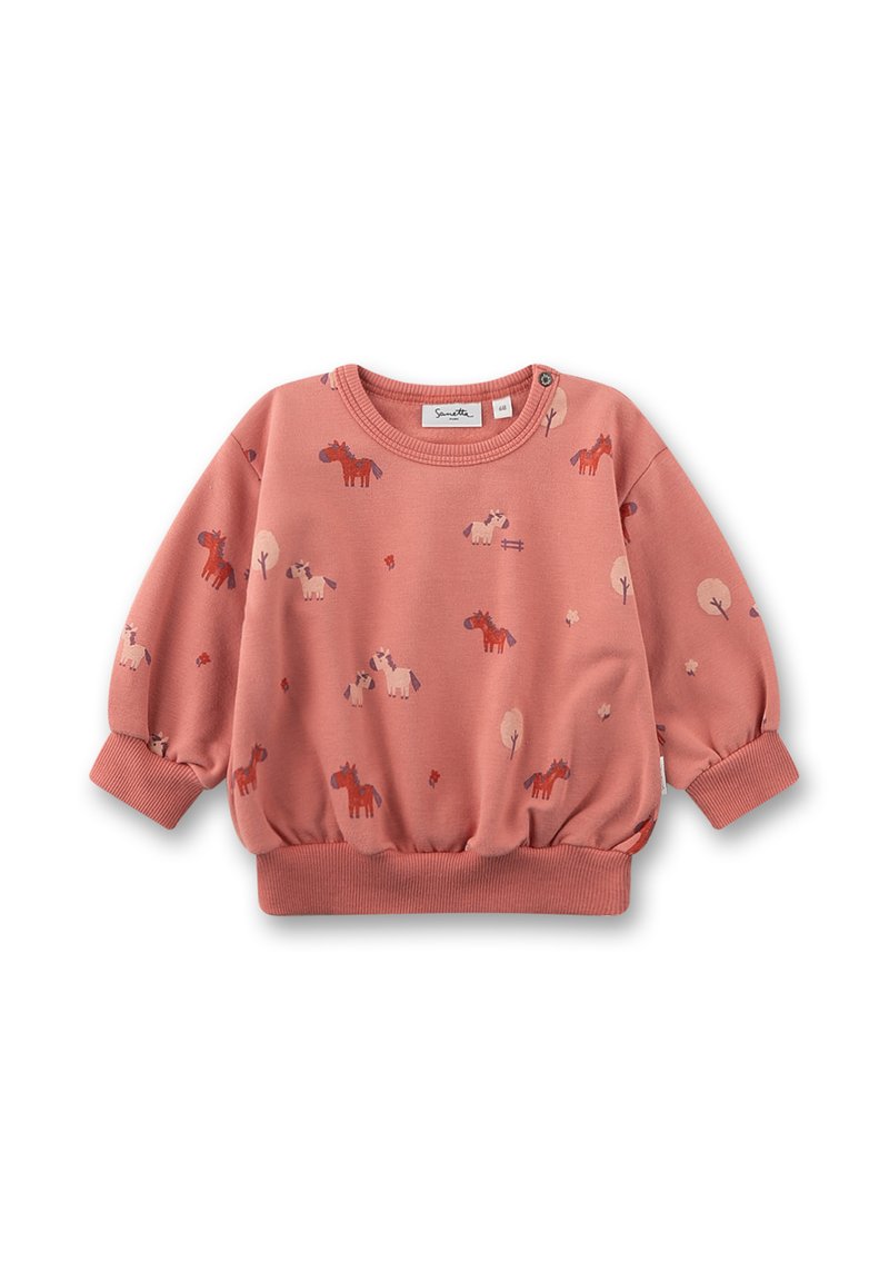 Rosa Sweatshirt für Kleinkinder mit roten und beigen Pferdemotiven, runder Ausschnitt, gerippte Bündchen und Druckknopf am Kragen.