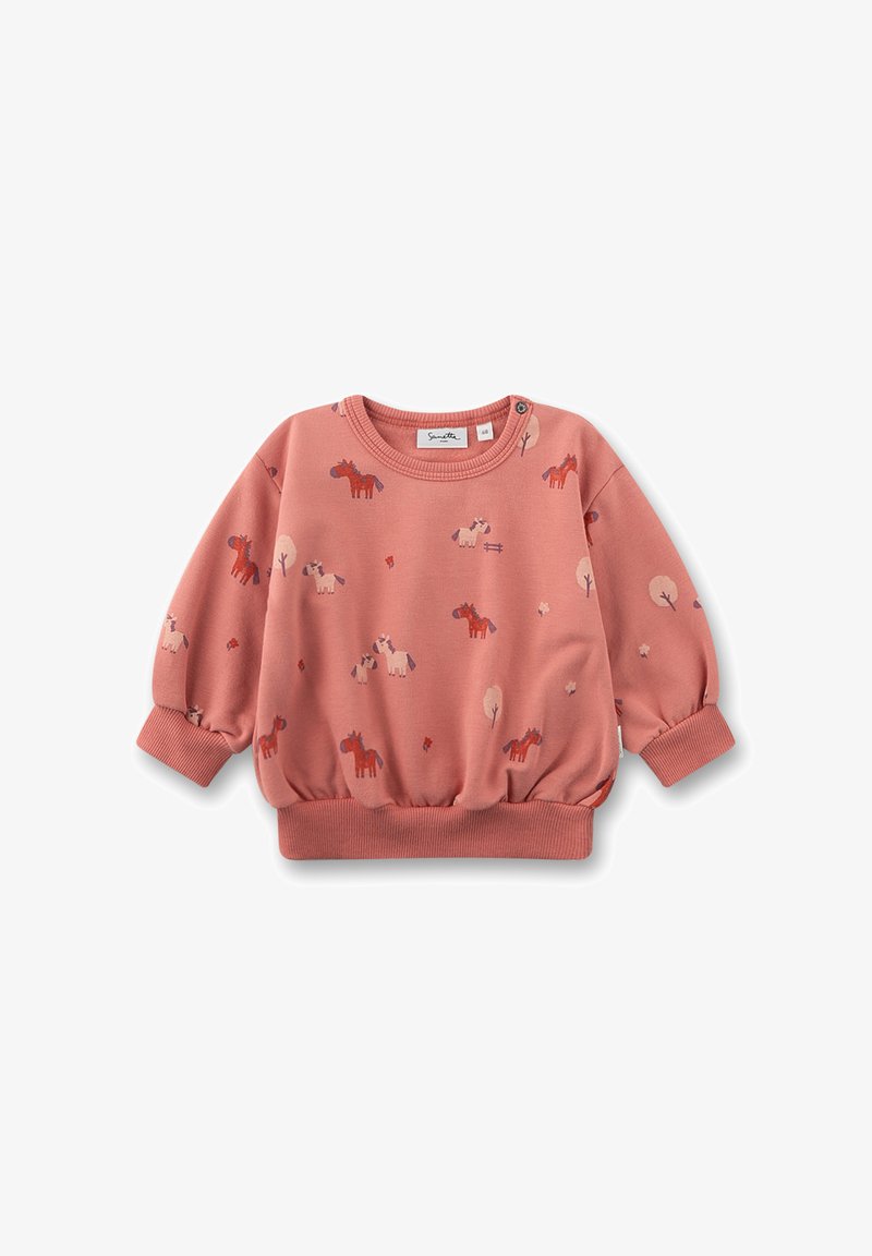 Rosa Sweatshirt für Kleinkinder mit roten und beigen Pferdemotiven, runder Ausschnitt, gerippte Bündchen und Druckknopf am Kragen.