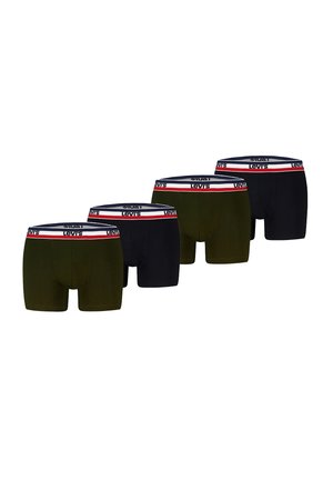 Vier Paar Levi's Boxershorts in abwechselndem Schwarz und Olivgrün, jeweils mit einem weißen Bund mit marineblauen und roten Streifen und Levi's-Logo.