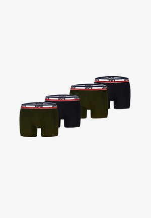 Vier Paar Levi's Boxershorts in abwechselndem Schwarz und Olivgrün, jeweils mit einem weißen Bund mit marineblauen und roten Streifen und Levi's-Logo.