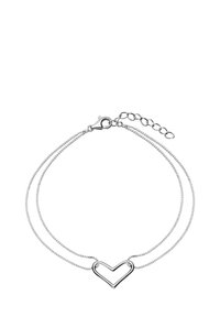 Srebrna bransoletka łańcuszkowa z dwoma nitkami, z sercowym zawieszką na środku, wypolerowane wykończenie i zapięcie typu karabińczyk z przedłużanym łańcuszkiem.
