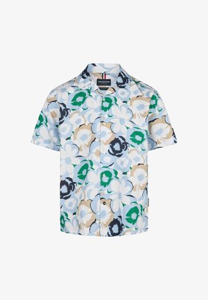 Korte mouwen shirt van katoen met een lichtblauwe achtergrond en grote bloempatronen in groen, zwart, beige en wit. Met knoopsluiting aan de voorkant.
