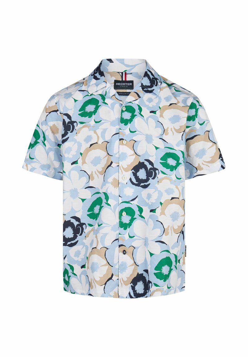 Korte mouwen shirt van katoen met een lichtblauwe achtergrond en grote bloempatronen in groen, zwart, beige en wit. Met knoopsluiting aan de voorkant.