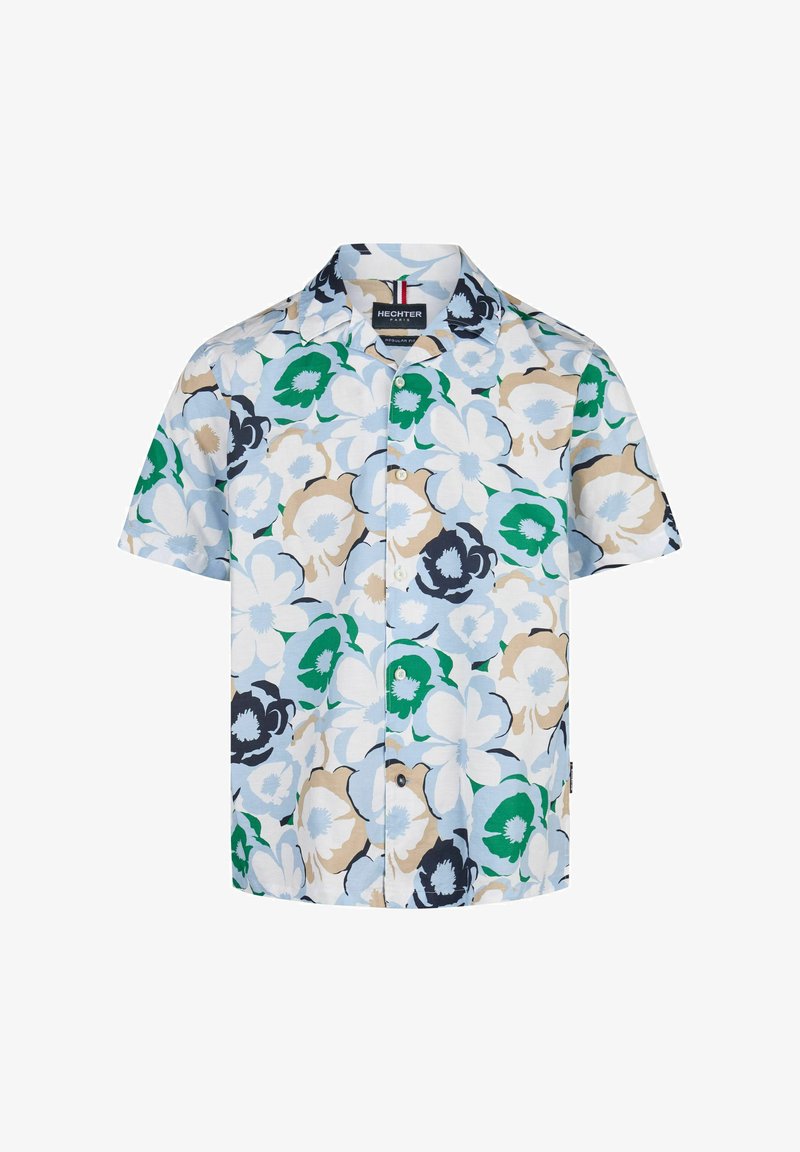 Korte mouwen shirt van katoen met een lichtblauwe achtergrond en grote bloempatronen in groen, zwart, beige en wit. Met knoopsluiting aan de voorkant.