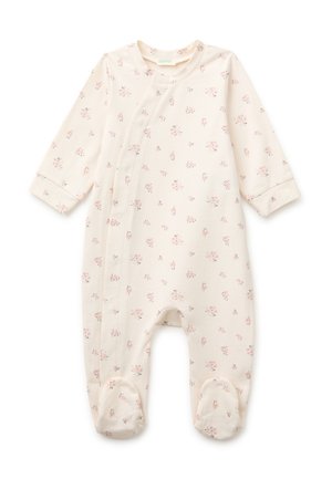 Baby-Strampler in Cremefarbe mit langen Ärmeln und Füßen, verziert mit kleinen rosa Blumenmotiven und diagonalem Druckknopfverschluss.