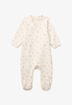 Body bébé couleur crème avec manches longues et pieds, orné de petites impressions florales roses et d'une fermeture diagonale à boutons-pression.
