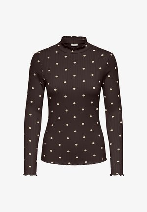 Langærmet, ribstrikket rullekravebluse i brun med cremefarvede polkaprikker og flæset krave, med en tætsiddende silhuet og bølgekantede manchetter.
