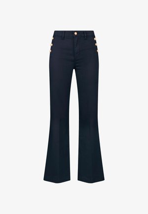 Pantaloni a flared blu navy con vita alta, realizzati in cotone. Presentano dettagli con bottoni dorati lungo le cuciture laterali. Tessuto morbido.