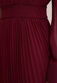 Burgundy dress with pleated design and smocked waist. Features long sheer sleeves and textured fabric, offering a lightweight appearance.
