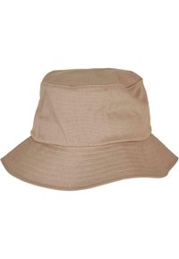 Beige színű pamut vészkalap széles karimával, puha tapintással és varrt részletekkel a karimán és a koronán. Alkalmas hétköznapi viseletre.