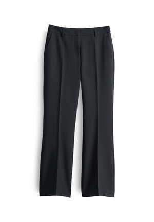 Pantalons noirs à jambe droite avec passants de ceinture, plis avant et poches latérales sur fond blanc.