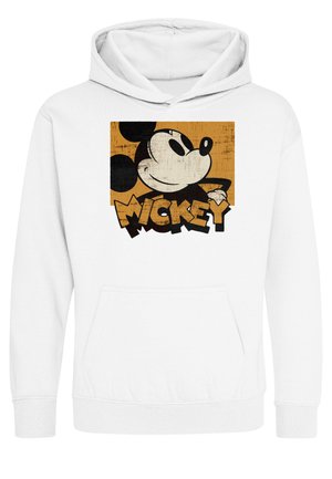 Witte hoodie met een vintage-stijl Mickey Mouse afbeelding in zwart en oranje en het woord "Mickey" onder het gezicht van het personage.