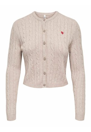 Beige cropped cable knit cardigan with long sleeves, round neckline, button front, and small red heart embroidery on left chest.