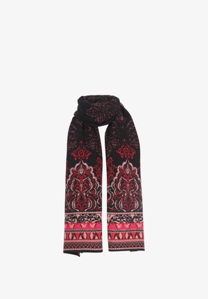 Zwarte sjaal met ingewikkelde rode en roze bloem- en geometrische patronen. Zachte textuur, rechthoekige vorm en franjes aan de uiteinden.