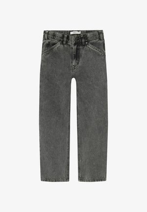 Grey denim jeans with a straight leg design, featuring a mid-rise waist, front pockets, and contrasting stitching details.