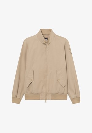 Beige Bomberjacke mit Reißverschluss vorne, Druckknopfbündchen am Kragen, zwei schrägen Patentaschen, gerippten Bündchen und Saum.