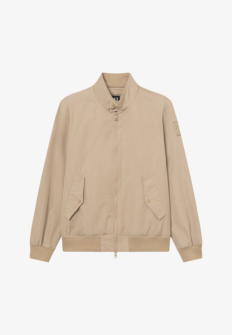 Beige Bomberjacke mit Reißverschluss vorne, Druckknopfbündchen am Kragen, zwei schrägen Patentaschen, gerippten Bündchen und Saum.