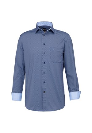 Camicia blu con motivo, maniche lunghe, polsini con bottone e colletto alla francese. Presenta una tasca sul petto e dettagli in una tonalità di azzurro più chiara.