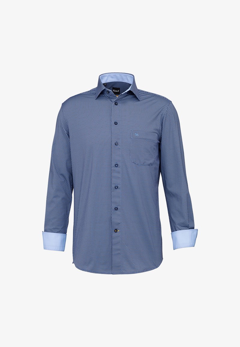Camicia blu con motivo, maniche lunghe, polsini con bottone e colletto alla francese. Presenta una tasca sul petto e dettagli in una tonalità di azzurro più chiara.