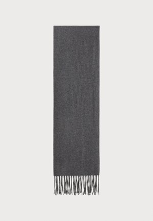 Gray scarf made of soft fabric, rectangular shape, featuring fringed edges at one end. Smooth texture with a solid color finish.