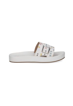 Women's white slide sandal with thick sole, single strap featuring colorful abstract symbols and a large silver buckle on a white background.