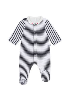 Gestreifter Baby-Overall mit navyblauen und weißen Streifen, langen Ärmeln, einem weißen Kragen mit roten Herzakzenten und einem Fußdesign mit Druckknopfverschlüssen.