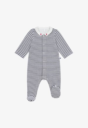 Gestreifter Baby-Overall mit navyblauen und weißen Streifen, langen Ärmeln, einem weißen Kragen mit roten Herzakzenten und einem Fußdesign mit Druckknopfverschlüssen.