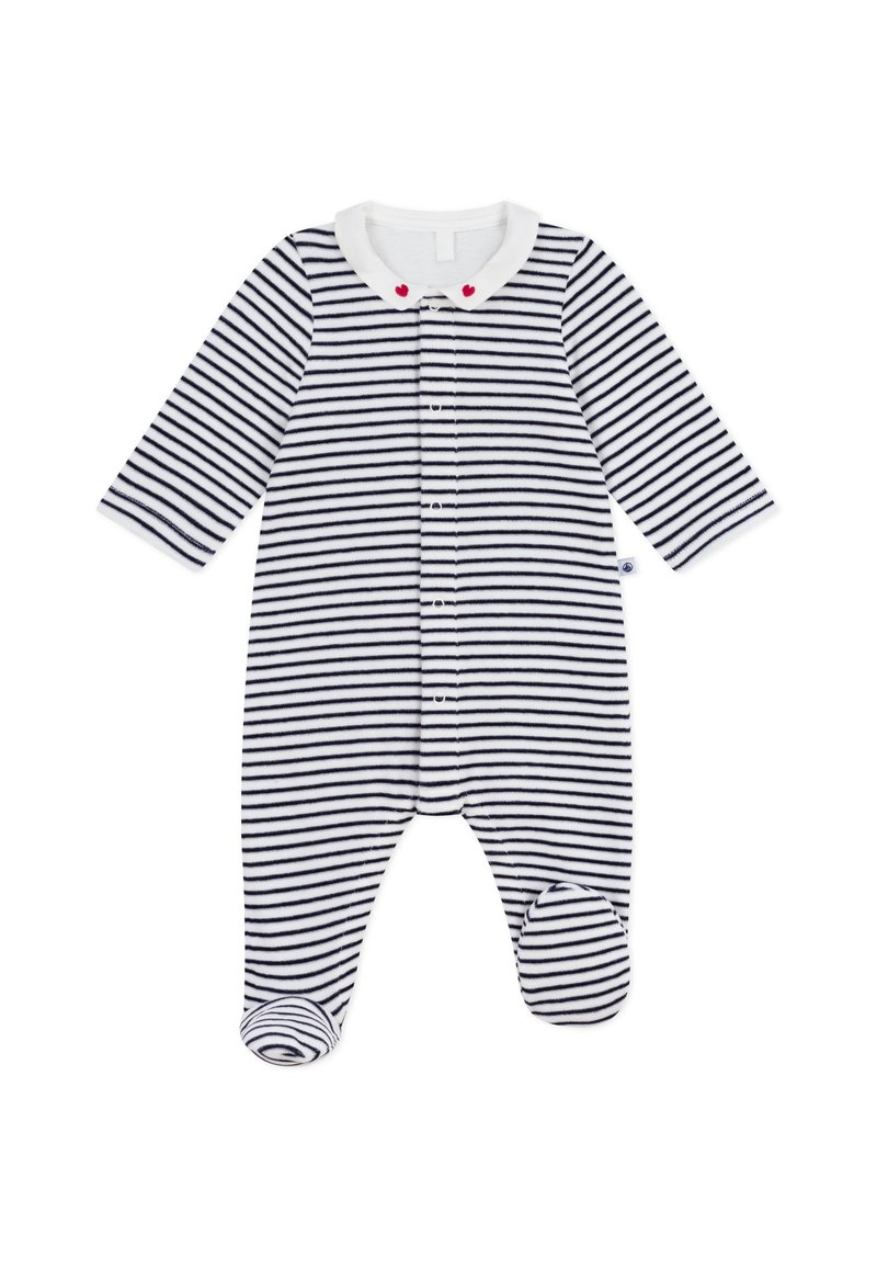 Randig babytrosa i marinblått och vitt med långa ärmar, en vit krage med röda hjärtprickar och fötter med tryckknappar.