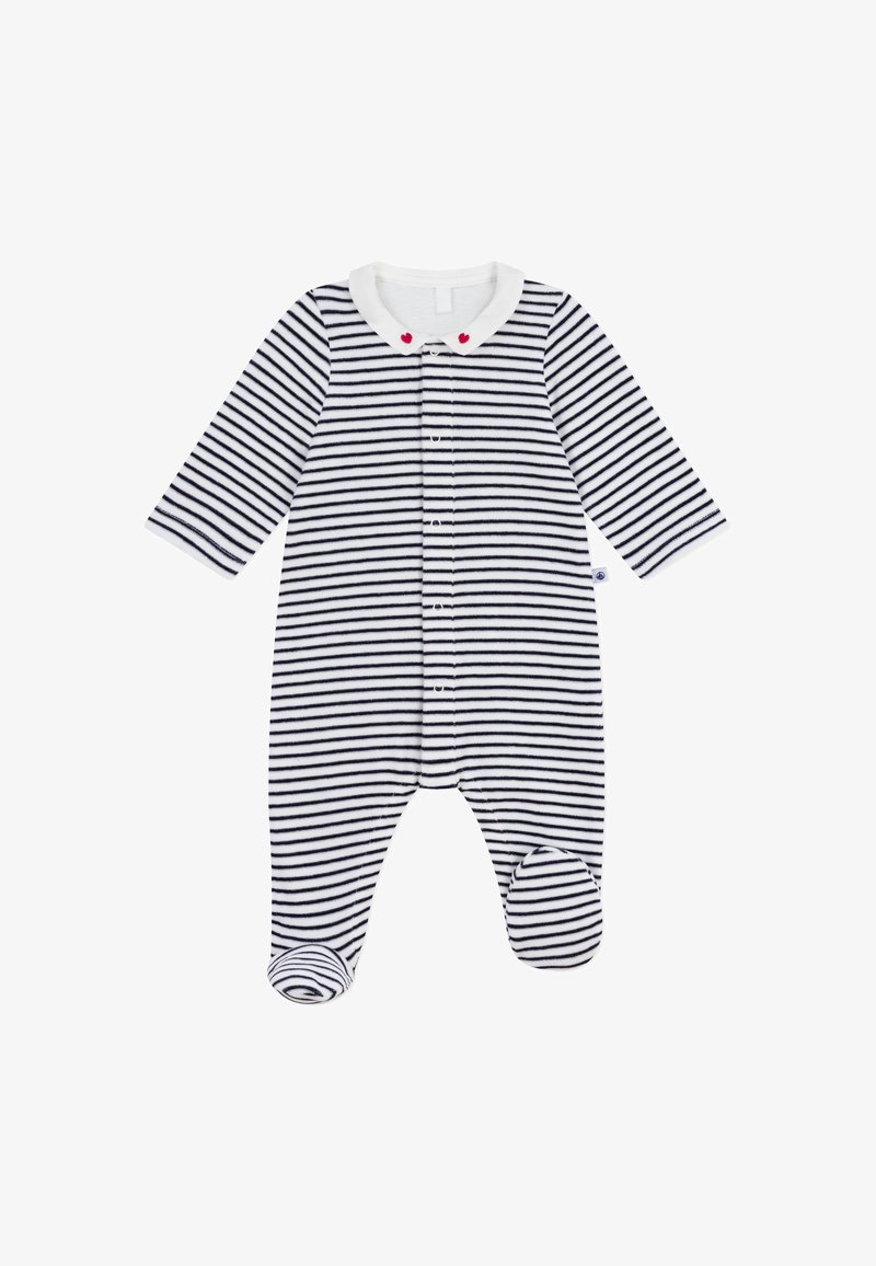 Body per bambini a righe con righe blu navy e bianche, maniche lunghe, colletto bianco con dettagli a cuore rossi e design con piedi e chiusure a pressione.