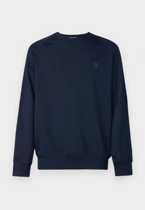 Sudadera azul marino con mangas largas, cuello redondo, puños y dobladillo acanalados. Presenta un pequeño logotipo tonal en el lado izquierdo del pecho. Textura suave.