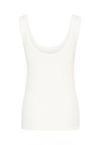 Débardeur blanc sans manches avec larges bretelles et encolure dégagée, présenté sur un fond uni.