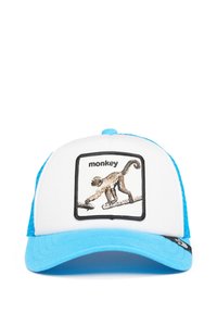 White cap with blue mesh sides, features a rectangular embroidered patch of a monkey on a branch, bordered in black. Curved blue visor.