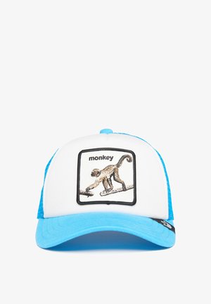 White cap with blue mesh sides, features a rectangular embroidered patch of a monkey on a branch, bordered in black. Curved blue visor.