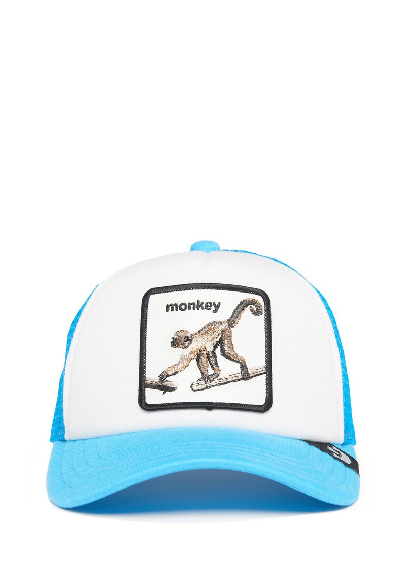 White cap with blue mesh sides, features a rectangular embroidered patch of a monkey on a branch, bordered in black. Curved blue visor.