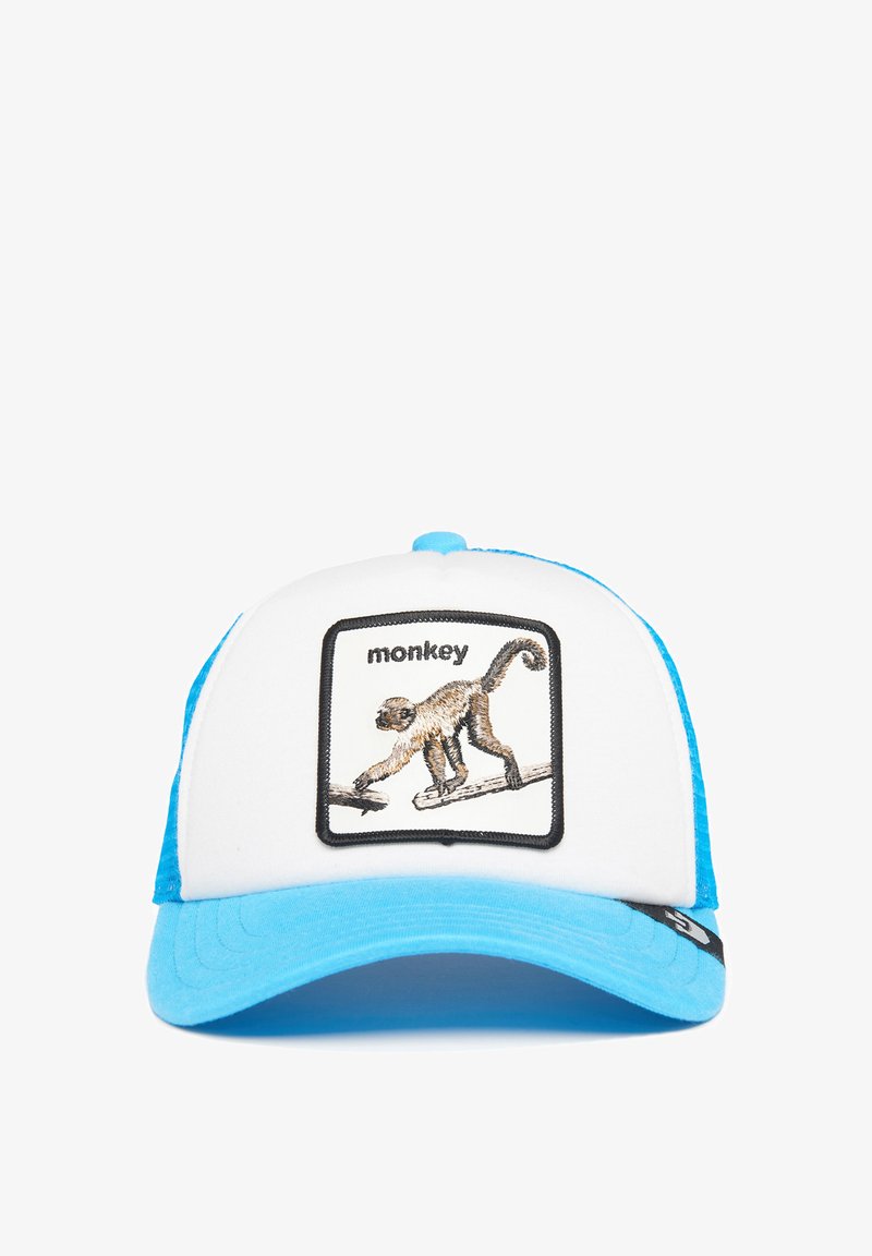 White cap with blue mesh sides, features a rectangular embroidered patch of a monkey on a branch, bordered in black. Curved blue visor.